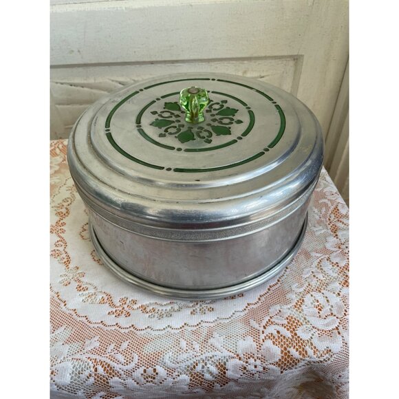 Vintage 1950s Mirro Spun Aluminum Cake Carrier Uranium Glass Knob - Picture 3 of 16